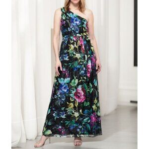 SL Fashions Womens Ties Floral Printed One Shoulder Maxi Dress Black Multi NWT